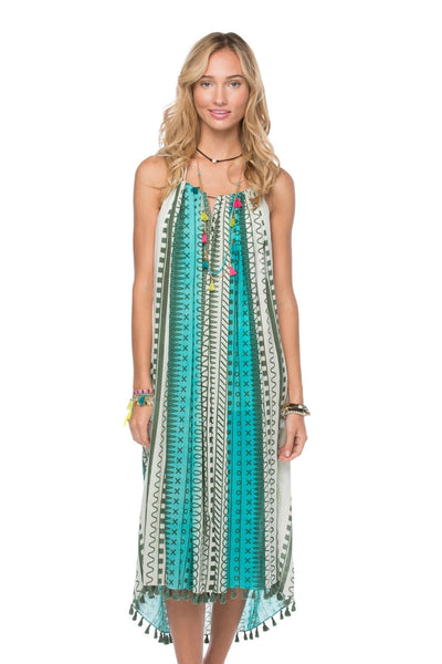 Pool to Party Kaftan One Size / Aqua / 75% Viscose 25% X-Fine Wool Keyhole Sun Dress in Doodle Dot