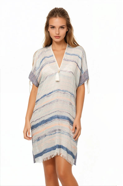 Pool to Party Kaftan One Size / Blue / 100% Cotton Open Shoulder Sundress Coverup in Summer Harmony Textured Fabric