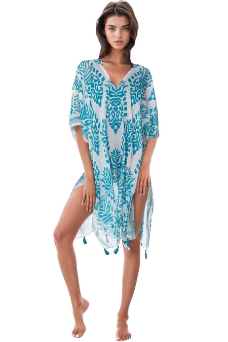 Summer Bazaar Print Kaftan V-Neck Dress in Sky