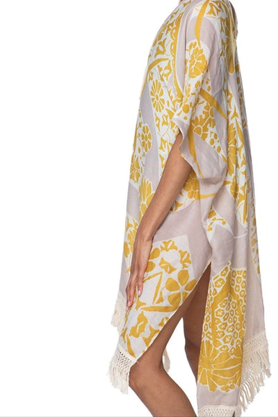 Pool to Party Kaftan One Size / Gold Morning Song Gold Print Fringe Kaftan Coverup