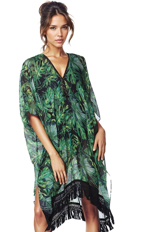 Pool to Party Kaftan One Size / Green Palms in the Moonlight Print Fringe Kaftan Coverup