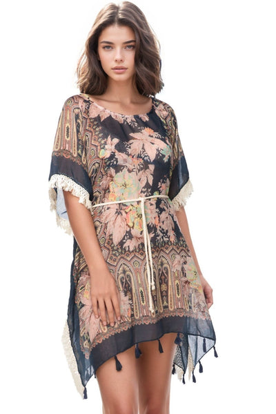 Pool to Party Kaftan One Size / Multi Boho Beach Sundress Coverup in Rio Blooms Print