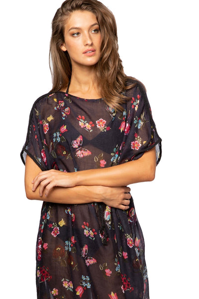 Pool to Party Kaftan One Size / Navy / 100% Sheer Poly Night Flowers Print | Farrah Kaftan Maxi Dress