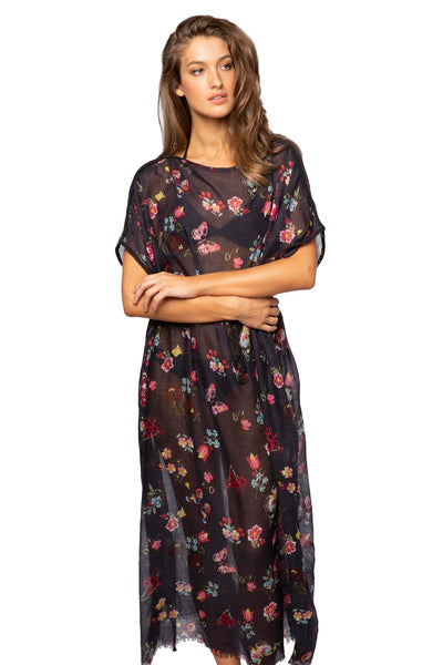 Pool to Party Kaftan One Size / Navy / 100% Sheer Poly Night Flowers Print | Farrah Kaftan Maxi Dress