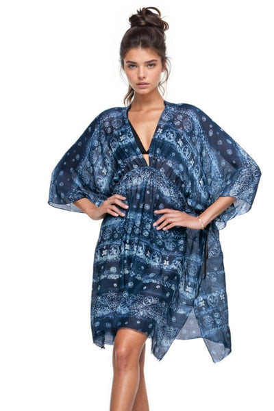 Pool to Party Kaftan One Size / Navy / 50% Modal/50% Viscose Flower Stamps Isle Dress in Navy