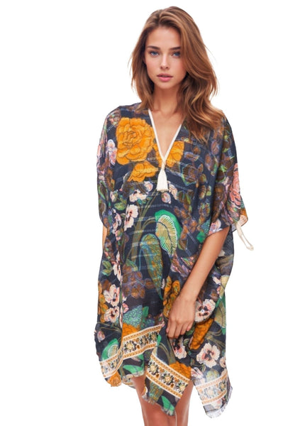 Pool to Party Kaftan One Size / Navy / Satin Poly Open Shoulder Sundress Coverup in Enchanting Blooms Print