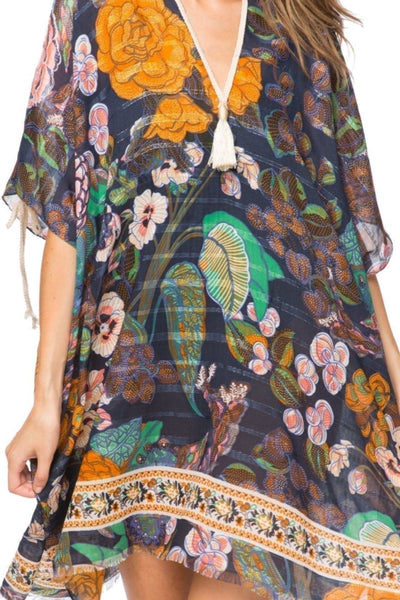 Pool to Party Kaftan One Size / Navy / Satin Poly Open Shoulder Sundress Coverup in Enchanting Blooms Print