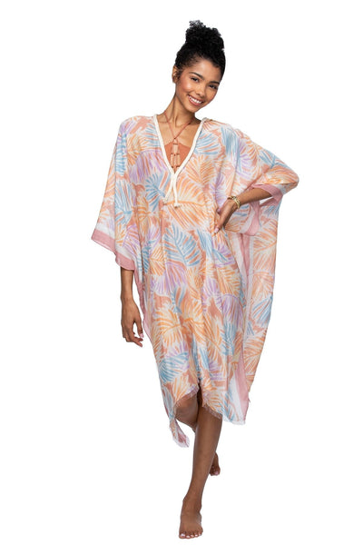 Pool to Party Kaftan One Size / Peach Leaves on the Wind Print Coverup Up Kaftan