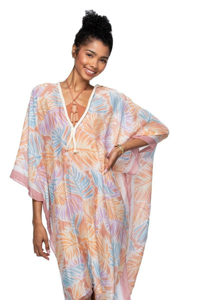 Pool to Party Kaftan One Size / Peach Leaves on the Wind Print Coverup Up Kaftan