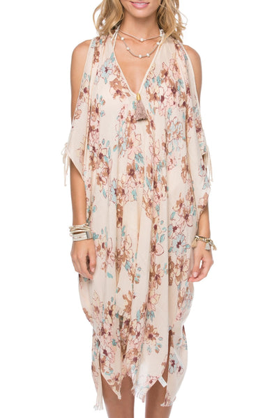 Pool to Party Kaftan One Size / Petal / 80% Modal 20% Extra Fine Wool Open Shoulder Dress in Watercolor Garden print