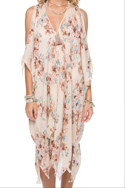 Pool to Party Kaftan One Size / Petal / 80% Modal 20% Extra Fine Wool Open Shoulder Dress in Watercolor Garden print