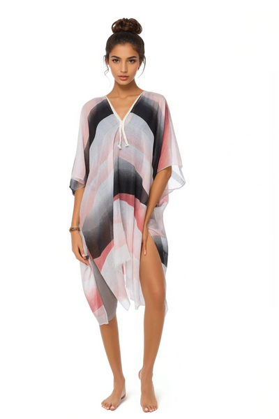 Pool to Party Kaftan One Size / Pink Dawn's Light Print Sheer Coverup Kaftan Dress