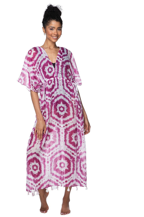 Pool to Party Kaftan One Size / Purple / 100% Soft Polyester Happy Hippie Print Poolside Maxi Coverup Dress