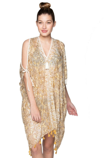 Pool to Party Kaftan One Size / Sand / 100% Poly Open Shoulder Dress in Shimmer Slither print