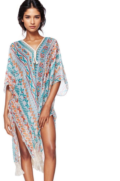 Pool to Party Kaftan One Size / Teal Spring Festival Print Fringe Kaftan in Teal
