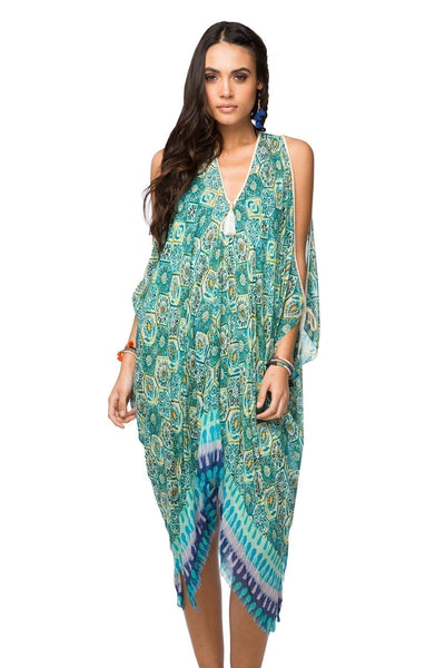 Pool to Party Kaftan One Size / Turq / 54% Cotton, 44% Modal Open Shoulder Dress in Venetian Tiles