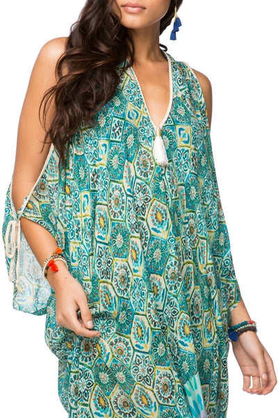 Pool to Party Kaftan One Size / Turq / 54% Cotton, 44% Modal Open Shoulder Dress in Venetian Tiles