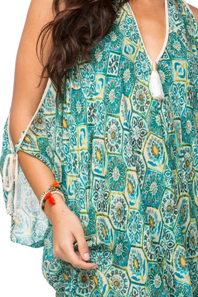 Pool to Party Kaftan One Size / Turq / 54% Cotton, 44% Modal Open Shoulder Dress in Venetian Tiles