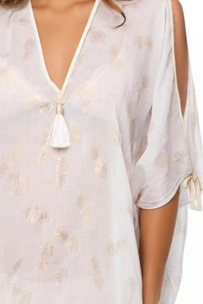 Pool to Party Kaftan One Size / White / 100% Polyester Open Shoulder Sundress Coverup in Golden Pineapple Print