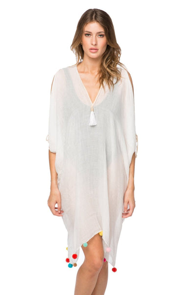 Pool to Party Kaftan One Size / White / 50% Cotton/50% Polyester Open Shoulder Dress in Rainbow Pom Pom
