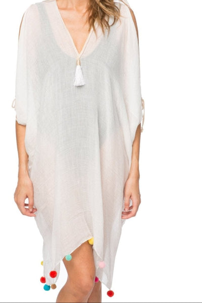 Pool to Party Kaftan One Size / White / 50% Cotton/50% Polyester Open Shoulder Dress in Rainbow Pom Pom
