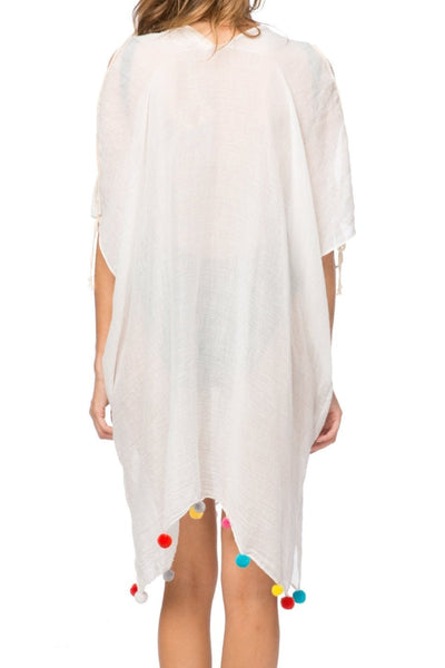 Pool to Party Kaftan One Size / White / 50% Cotton/50% Polyester Open Shoulder Dress in Rainbow Pom Pom