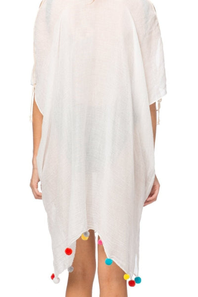 Pool to Party Kaftan One Size / White / 50% Cotton/50% Polyester Open Shoulder Dress in Rainbow Pom Pom