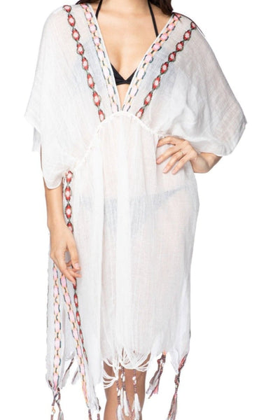 Pool to Party Kaftan One Size / White / Linen/Rayon Aztec Embroidery Isle Dress
