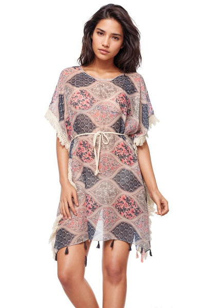 Pool to Party Kaftan Sundress One Size / Multi Boho Beach Sundress in Lattice Garden Print