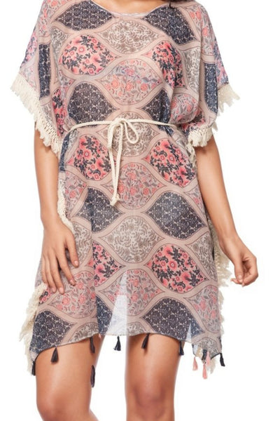 Pool to Party Kaftan Sundress One Size / Multi Boho Beach Sundress in Lattice Garden Print