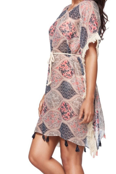 Pool to Party Kaftan Sundress One Size / Multi Boho Beach Sundress in Lattice Garden Print
