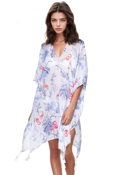 Pool to Party Kaftan Sundress One Size / White Palm Springs White Print V-Neck Sheer Coverup Kaftan Dress