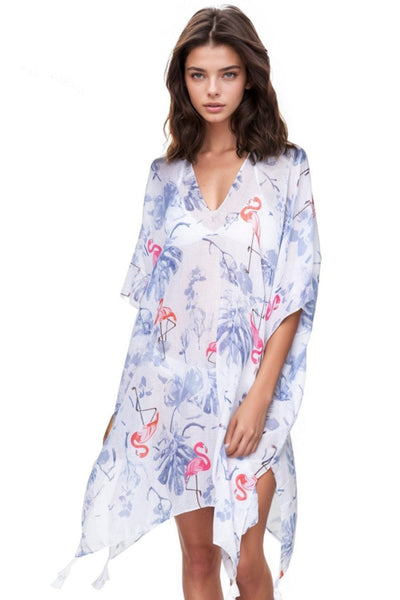 Pool to Party Kaftan Sundress One Size / White Palm Springs White Print V-Neck Sheer Coverup Kaftan Dress