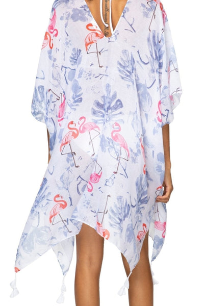Pool to Party Kaftan Sundress One Size / White Palm Springs White Print V-Neck Sheer Coverup Kaftan Dress