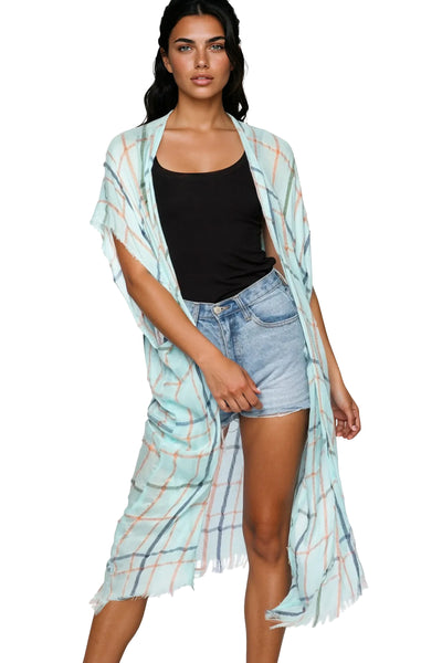Pool to Party Kimono Aqua / One Size Lightweight Plaid Raw Edge Kimono Wrap