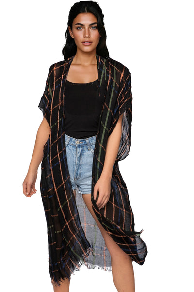 Pool to Party Kimono Black / One Size Lightweight Plaid Raw Edge Kimono Wrap