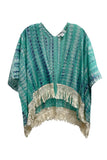 Pool to Party Kimono CL17 Tie Dye Ripple Teal / One Size Cotton with Lurex Luxury Fringe Edge Crop Kimono