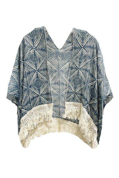 Pool to Party Kimono CL20 Shining Tile Blue / One Size Cotton with Lurex Luxury Fringe Edge Crop Kimono