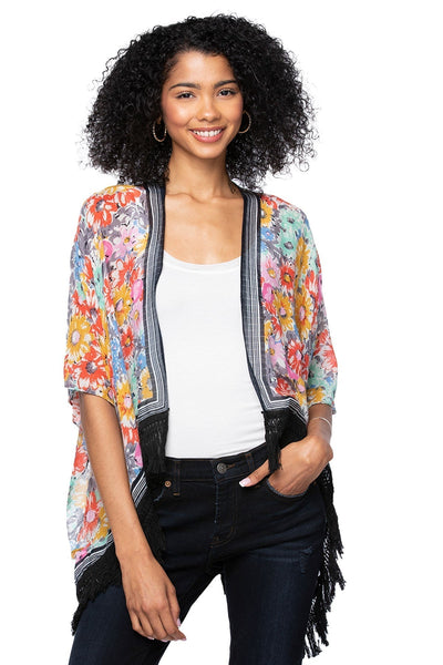 Pool to Party Kimono CL7 Bloom & Shine Multi / One Size Cotton with Lurex Luxury Fringe Edge Crop Kimono