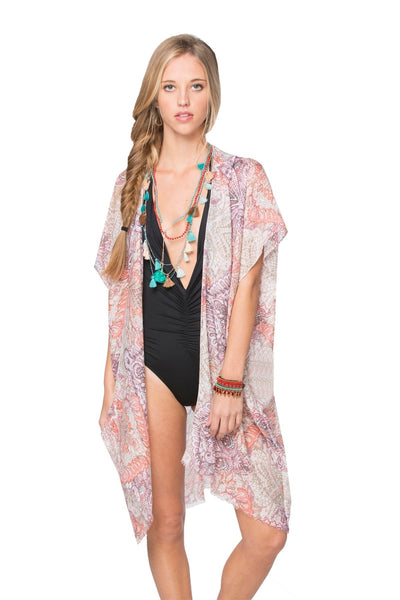 Pool to Party Kimono Coral / One Size Tea for Two Print Kimono Wrap