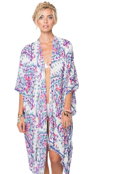 Pool to Party Kimono Coverup L23 Watercolor Flourette -Berry / One Size / Modal-Viscose Pool to Party Luxury Print Fabric Coverup Kimonos on Sale Now