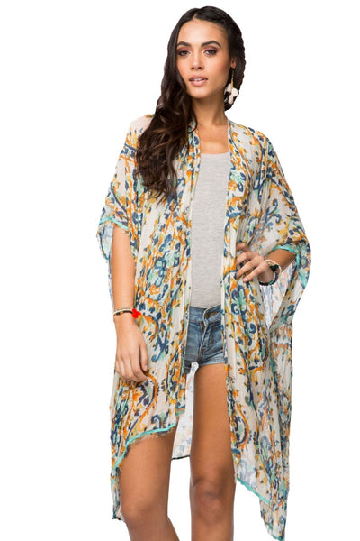 Pool to Party Kimono Coverup L23 Watercolor Flourette -Golden / One Size / Modal-Viscose Pool to Party Luxury Print Fabric Coverup Kimonos on Sale Now