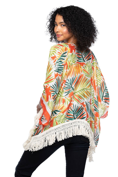 Pool to Party Kimono MV80 Leaves on the Wind -Fiesta / One Size Cropped Fringe Kimono Coverup: Bold, Breezy, and Poolside-Ready