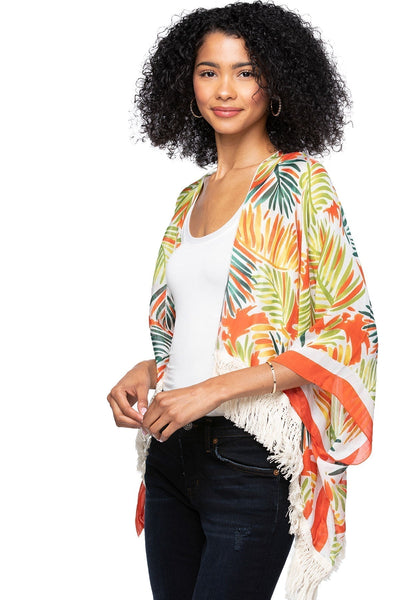 Pool to Party Kimono MV80 Leaves on the Wind -Fiesta / One Size Cropped Fringe Kimono Coverup: Bold, Breezy, and Poolside-Ready