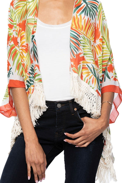 Pool to Party Kimono MV80 Leaves on the Wind -Fiesta / One Size Cropped Fringe Kimono Coverup: Bold, Breezy, and Poolside-Ready