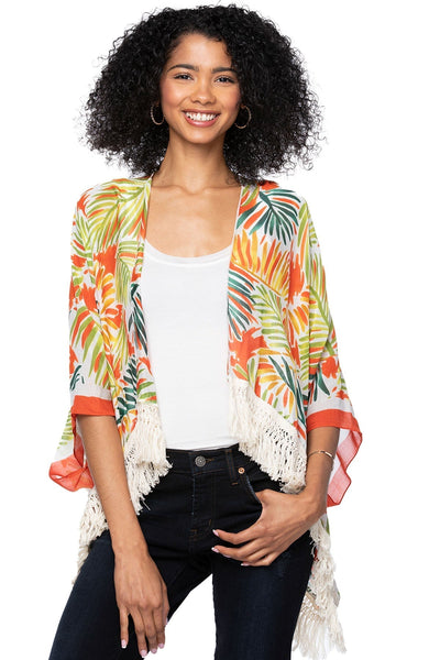 Pool to Party Kimono MV80 Leaves on the Wind -Fiesta / One Size Cropped Fringe Kimono Coverup: Bold, Breezy, and Poolside-Ready