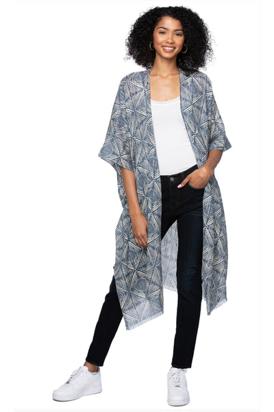 Pool to Party Kimono O/S / Blue / 98% Cotton 2% Lurex Shining Tiles Print Coverup Kimono Wrap