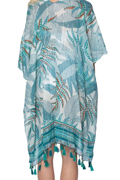 Pool to Party Kimono O/S / Teal / 95% Cotton 5% Lurex Islander Print Coverup Kimono Wrap