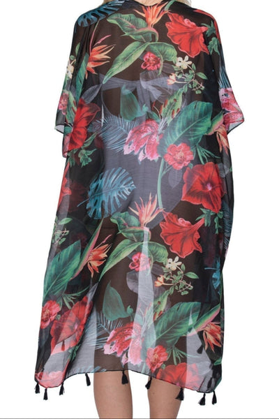 Pool to Party Kimono One Size / Black / 100% Polyester Hibiscus Garden Kimono Wrap