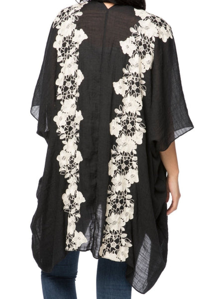 Pool to Party Kimono One Size / Black / 80% Polyester/20% Rayon Stitched Appliqué Lace Floral Kimono in Black